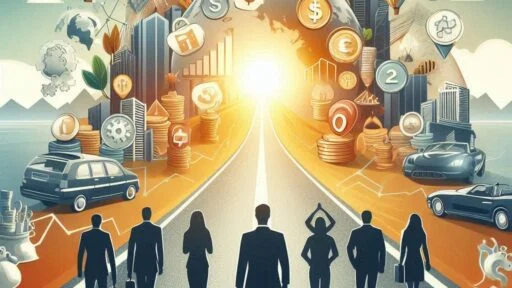 image that symbolizes the journey of investing, such as a road leading towards a bright future with various investment vehicles along the way. Alternatively, depict a diverse group of people confidently navigating the investment landscape, symbolizing the inclusivity and accessibility of investing for all.